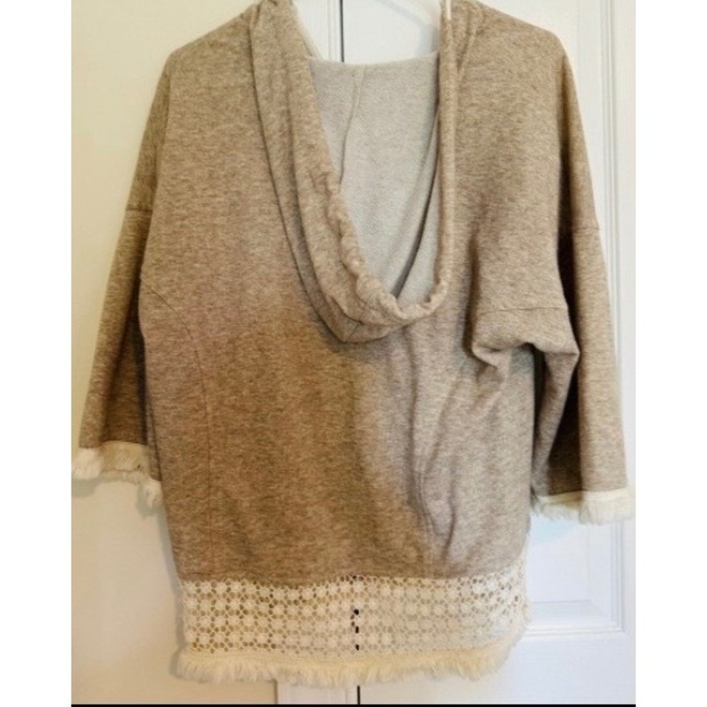 Ellison Womens Boho Crochet Lace Fringe Hoodie Sweatshirt Tan Oatmeal Small - Picture 4 of 9